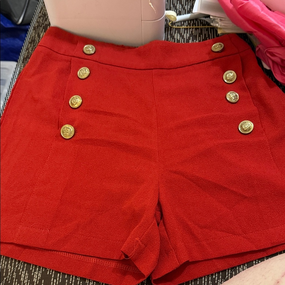 Chic High Waist Red Women's Shorts with Gold Buttons